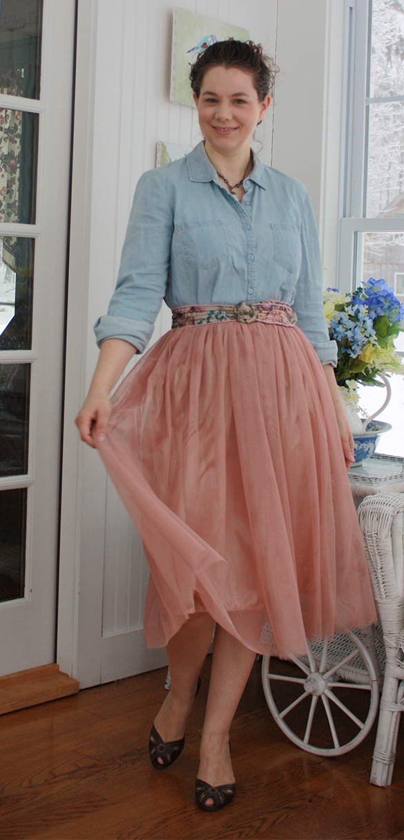 blush tulle skirt with chambray shirt