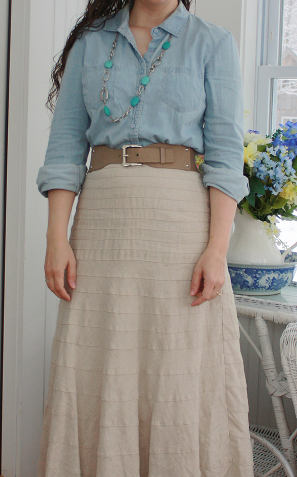 linen maxi skirt with chambray shirt